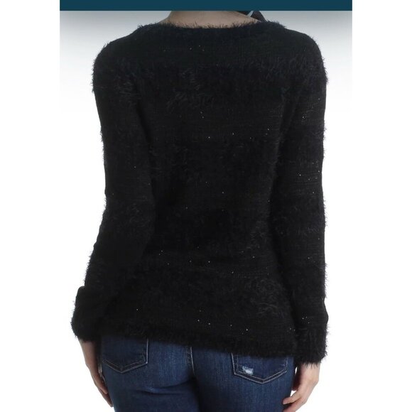 LOFT Women’s PXS Black Wool Blend Long Sleeve Sweater Fuzzy Stripes Pullover - Picture 3 of 11